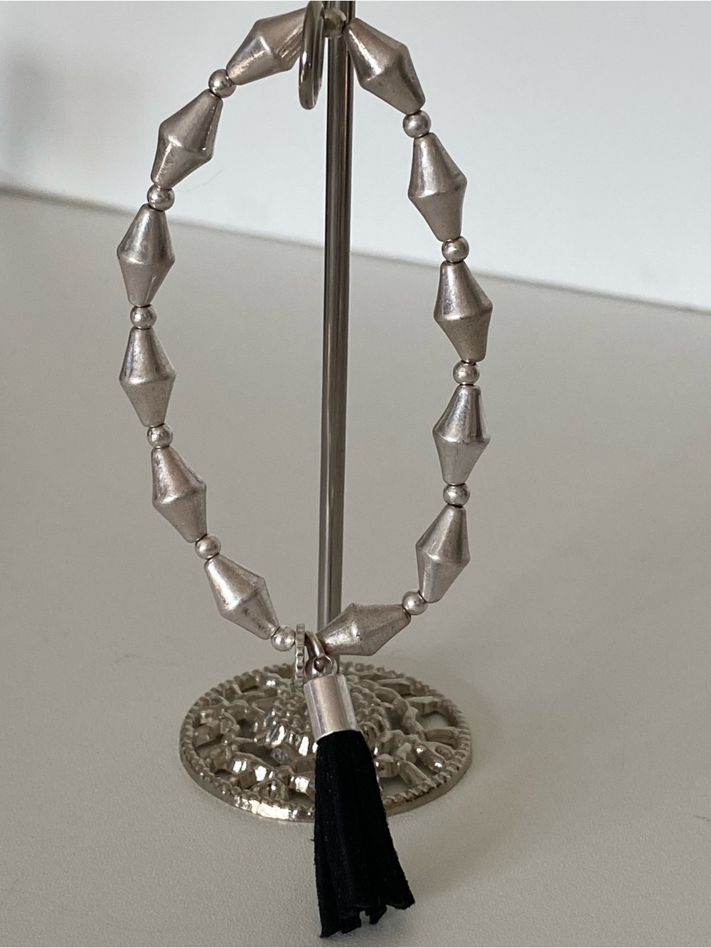 Marlyn Schiff Bracelet Sliver Tone Black Tassel Signed Needs Beaded Geometric